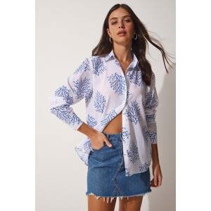 Happiness İstanbul Women's White Vibrant Blue Patterned Oversized Linen Blend Shirt