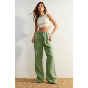 Trendyol Green 100% ľan široké nohavice s vysokým pásom a elastickým pásom.
