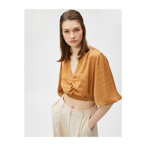 Koton Pleated Crop Blouse V-Neck