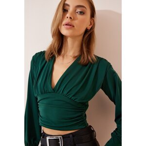 Happiness İstanbul Women's Emerald Green Deep V-Neck Crop Sandy Knit