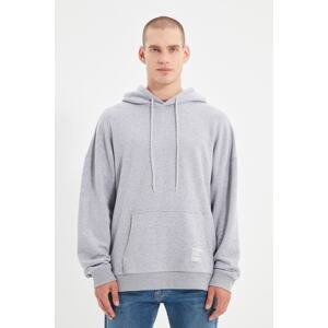 Trendyol Basic Gray Men's Oversize/Wide Cut Hooded Labeled Fleece Inside Cotton Sweatshirt