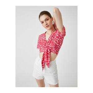 Koton Patterned Crop Blouse with Tie Detailed Shirt Collar