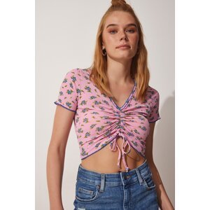 Happiness İstanbul Women's Pink Floral Pleated Crop Knitted Blouse