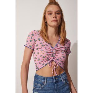 Happiness İstanbul Women's Pink Floral Pleated Crop Knitted Blouse
