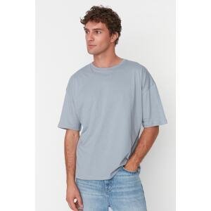 Trendyol Grey Pánske basic 100% bavlnené crew krk oversized/široký strih, tričko s krátkym rukávom