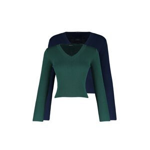 Trendyol Navy modro-khaki Basic 2-pack pletený sveter