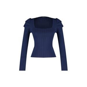 Trendyol Navy Modrý plisovaný štvorcový golier Pletený sveter