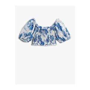 Koton Floral Crop Blouse with Balloon Sleeves Off the Shoulders Gipping Detailed.