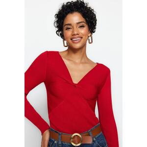 Trendyol červený pletený sveter s výstrihom do V