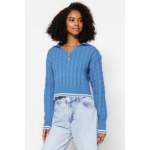 Trendyol Blue Crop Polo golier Pletený sveter