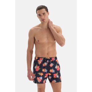 Dagi Navy Blue - Pink Floral Patterned Short Swim Shorts