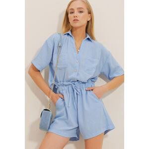 Trend Alaçatı Stili Women's Blue Double Pocket Cotton Aerobin Linen Shirt And Shorts Double Suit