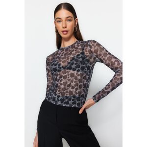 Trendyol Black Printed Tulle Fitted/Sleeping Crop Stretch Knit Blouse