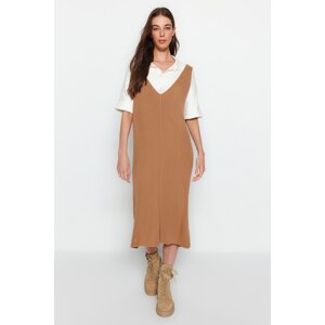 Trendyol Beige Maxi Knitwear V-Neck Dress