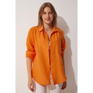 Happiness İstanbul Women's Orange Oversize Linen Ayrobin Shirt