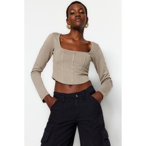 Trendyol Stone Piping Detailed Square Neck Fitted Crop Interlock Knitted Blouse