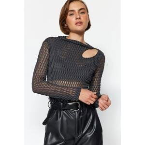 Trendyol Anthracite Transparent Textured Cut Out/Window Detailed Fitted Knitted Blouse