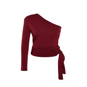 Trendyol Curve Burgundy Tie Detailed Single Sleeve Stretchy Knitted Blouse
