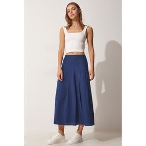 Happiness İstanbul Women's Navy Blue Pleated Summer Linen Skirt