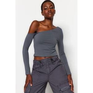 Trendyol Anthracite One-Shoulder Cotton Elasticated Fitted/Situated Crop Knitted Blouse