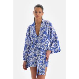 Dagi Blue White Linen Short Kimono