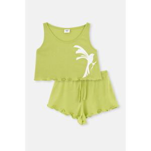 Dagi Green Bird Pattern Knitted Singlets Shorts Pajamas Set