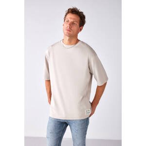 GRIMELANGE Joel Men's Oversize Fit Special Textured Thick Fabric Large Ornamental Label Stone Color T-shirt
