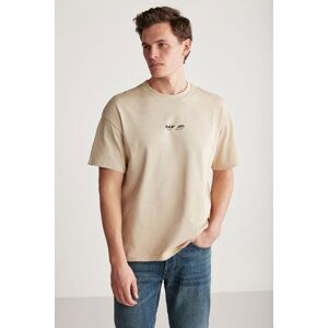 GRIMELANGE Jake Men's Oversize Fit 100% Cotton Thick Textured Printed Beige T-shirt