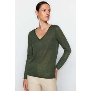 Trendyol Khaki V-Neck Linen Look Long Sleeve Regular Fit Knitted Blouse