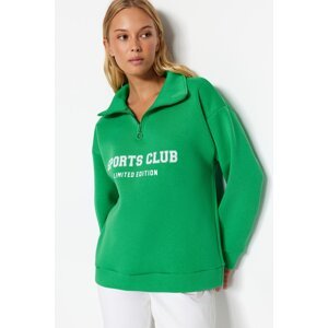 Trendyol Green Oversize/Wide Fit With Slogan, Zipper Stand-Up Collar Thick Fleece Inner Sweatshirt