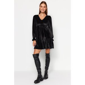 Trendyol Black V-Neck Skater/Velvet Mini Knitted Mini Dress