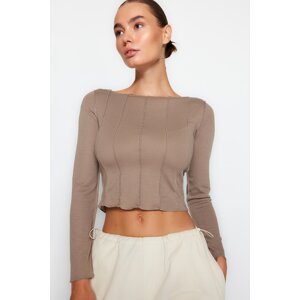 Trendyol Beige Stitch Detail Carmen Collar Fitted/Situated Ribbed Knitted Blouse