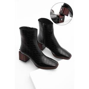 Marjin Women's Heeled Boots&bootie Flat Toe Wooden Pattern Heels Zippered Daily Classic Boots Counting Black Croco.