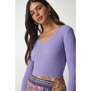 Happiness İstanbul Women's Lilac V-Neck Corduroy Basic Blouse