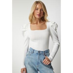 Happiness İstanbul Women's White Square Neck Ribbed Knitwear Blouse