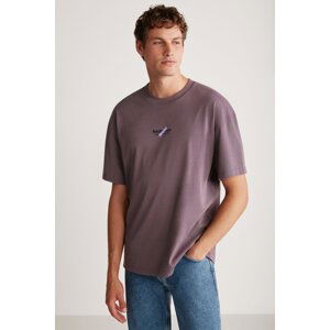 GRIMELANGE Jake Men's Oversize Fit 100% Cotton Thick Textured Printed Purple T-shirt