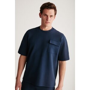 GRIMELANGE Artur Men's Dark Blue T-shirt with Pockets and Thick Special Textured Fabric
