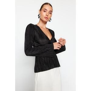 Trendyol Black Pleat Detailed Double Breasted Closure Frilly V Neck Blouse