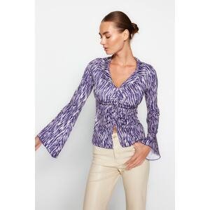 Trendyol Purple Printed Slim Gathered Fitted Shirt Collar Flexible Knitted Blouse