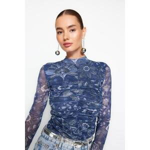 Trendyol Indigo Patterned Draped Tulle Fitted/Sleeper Knitted Body with Snap Snaps