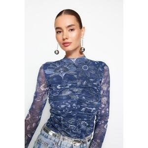Trendyol Indigo Patterned Draped Tulle Fitted/Sleeper Knitted Body with Snap Snaps