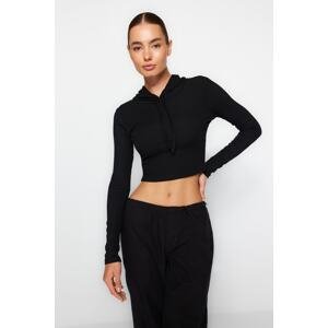 Trendyol Black Hooded Ribbed Stretchy Crop Knitted Blouse