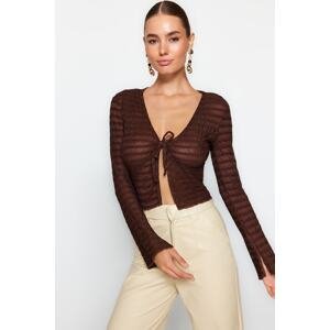 Trendyol Brown Premium Tie Detailed Textured V-Neck Stretchy Knitted Blouse