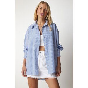 Happiness İstanbul Women's Sky Blue Striped Oversize Long Basic Shirt