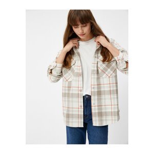 Koton Long-Sleeved Shirt with Lids, Pockets and Snap Fasteners Brown Plaid.