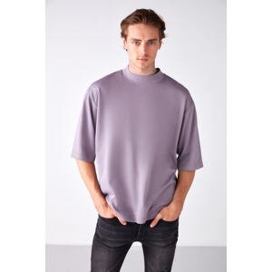 GRIMELANGE Ascolı Men's Oversize Fit Special Thick Textured Fabric High Collar Lilac T-shirt