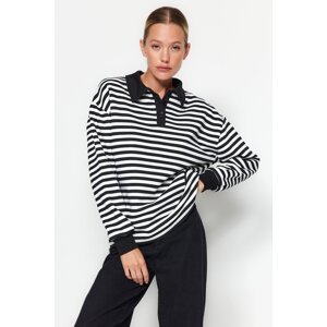 Trendyol Black Striped Polo Neck Thick Fleece Oversize Knitted Sweatshirt