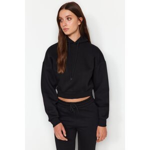 Trendyol Black Thick Fleece Hooded Comfort Fit Crop Basic Knitted Sweatshirt