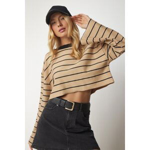 Happiness İstanbul Women's Biscuit Striped Oversize Crop Sweatshirt