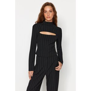 Trendyol X Sagaza Studio Black Polyviscon Blouse with Striped Window/Cut Out Detail